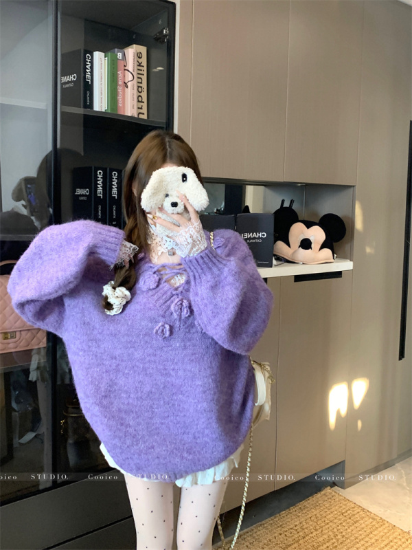 Purple Christmas Sweater Women's Autumn and Winter Loose Lazy Off-Shoulder Three-dimensional Flower Mohair Top