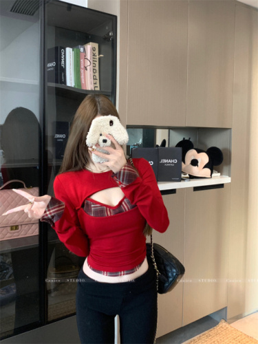 Pure desire fake two-piece plaid velvet T-shirt for women autumn and winter with chest pad hollow bottoming shirt short top