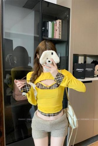 Pure desire fake two-piece plaid velvet T-shirt for women autumn and winter with chest pad hollow bottoming shirt short top