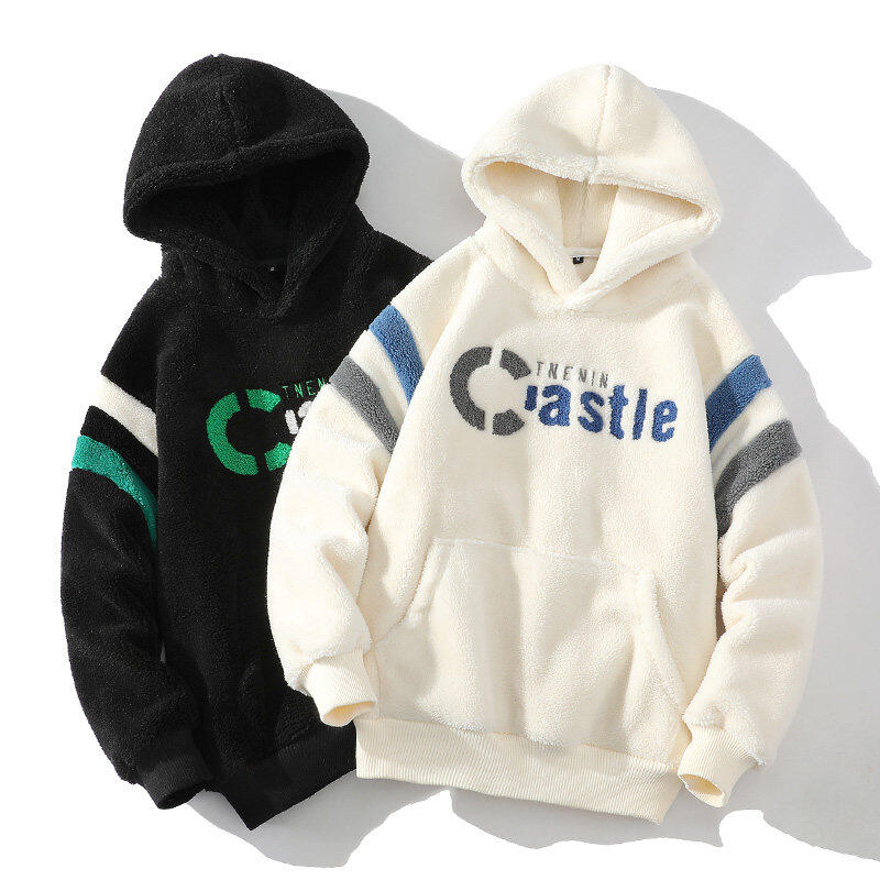 New autumn and winter trendy men's embroidered color-blocked grain velvet jacket plus velvet and thickened sherpa hooded sweatshirt