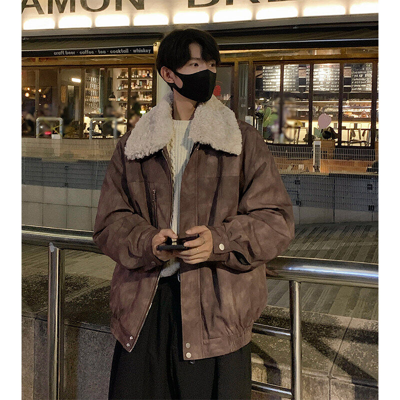 Warm quilted jacket Faux leather design fur collar detachable cotton jacket