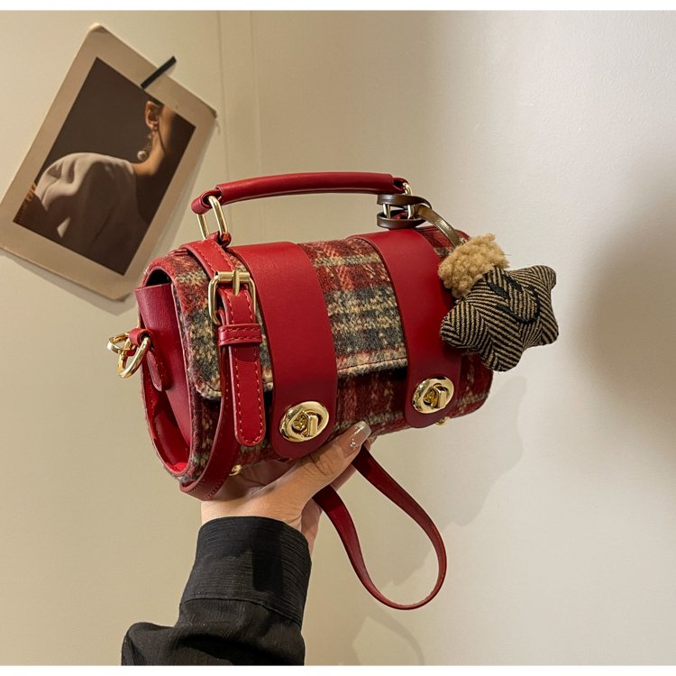 Nanfeng Chio2nd magenta berry handbag women's autumn and winter Cambridge bag plaid wedding bag single shoulder crossbody bag