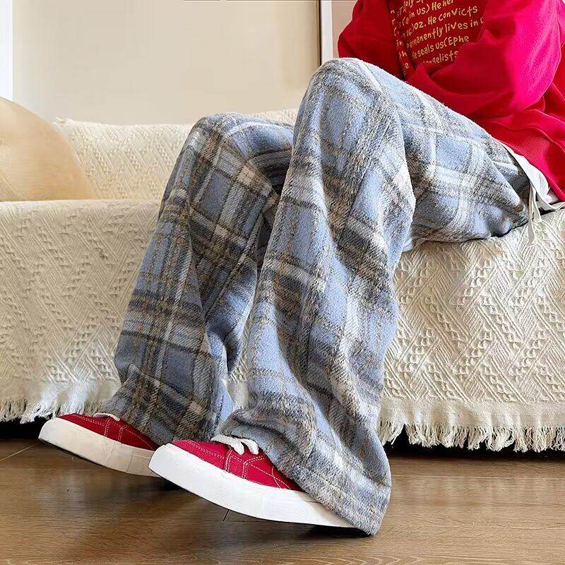 New style velvet American plaid casual pants for winter, loose straight pants
