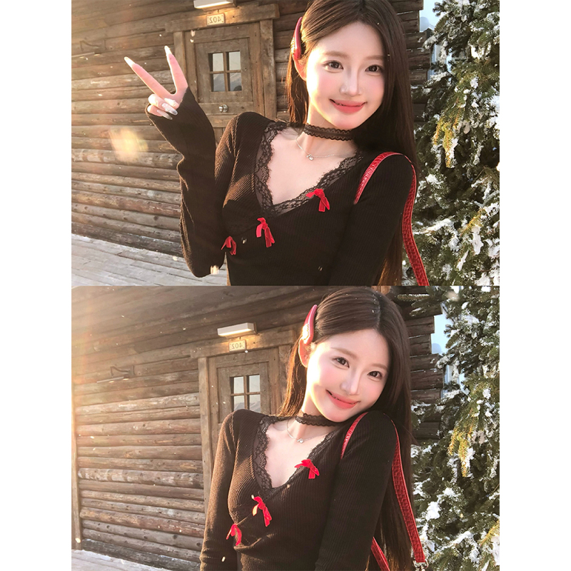 Korean hot girl bow autumn and winter pure desire black long-sleeved knitted top