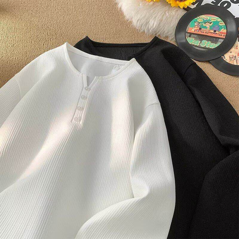 Solid color texture V-neck buttoned t-shirt top men's early autumn American youth loose large size bottoming shirt long sleeves