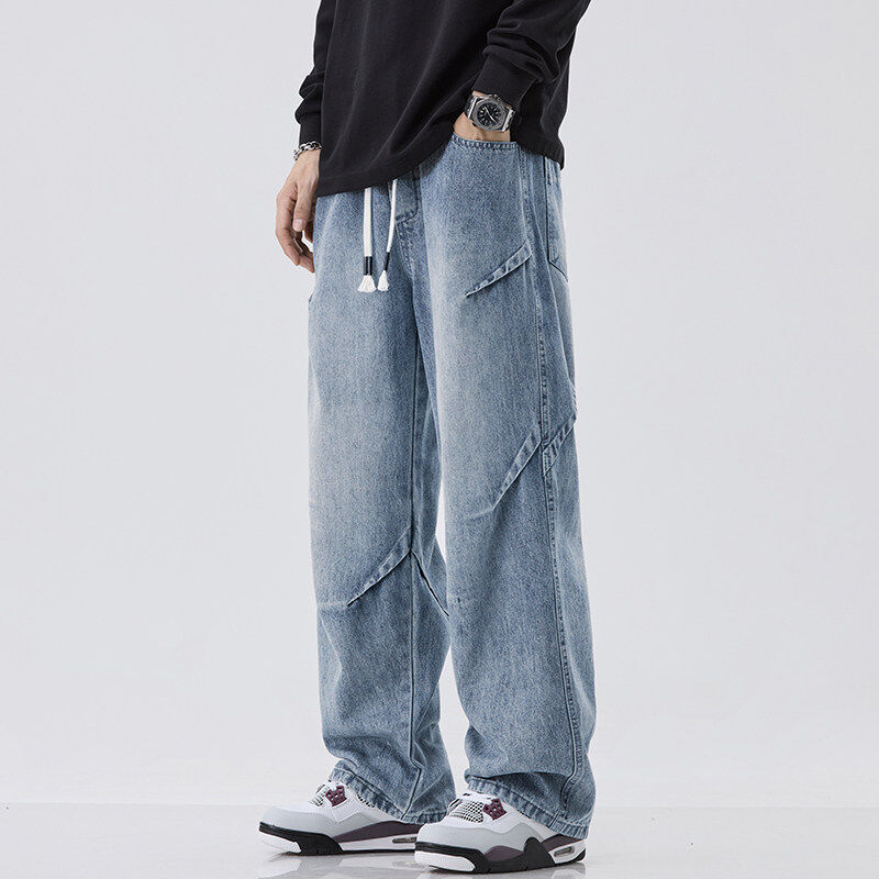 Straight-leg jeans for men, straight-leg loose American pants, wide-leg casual long pants