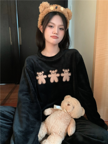 New cute bear embroidered coral velvet home clothes thickened and velvet warm pajamas set