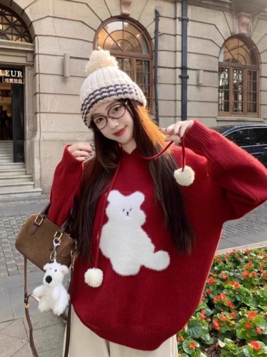 kumikumi navy loose hooded drawstring bear sweater women's winter lazy soft waxy pullover sweater