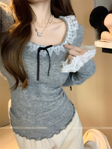Pure lust-style lace splicing long-sleeved bottoming shirt for women in winter, slim-fitting knitted sweater