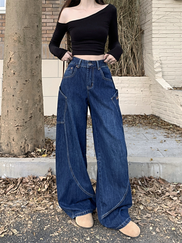 American retro street design jeans, loose wide-leg floor-length trousers, banana pants, sickle pants