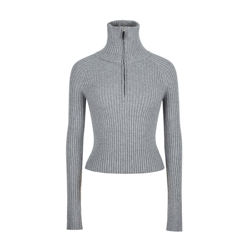 Half open collar stand collar pit striped sweater slim fit short pinch waist sweater