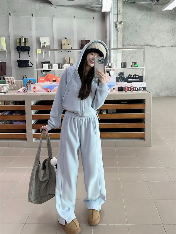 Structural line sweatshirt women's lazy style casual hooded plus fleece jacket casual pants and sweatpants suit