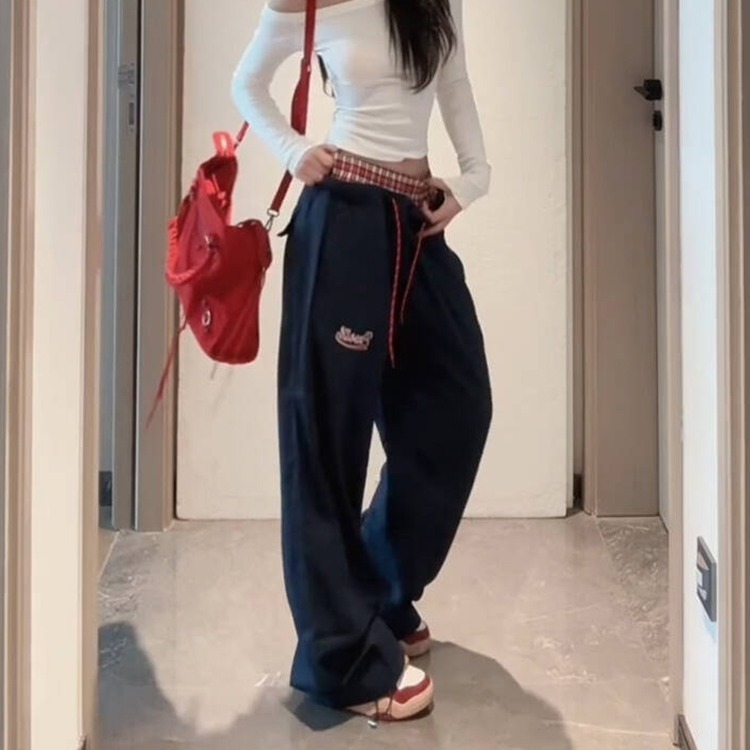 American college style double waistband spliced ​​straight loose wide-leg casual pants for women's spring and autumn sports pants