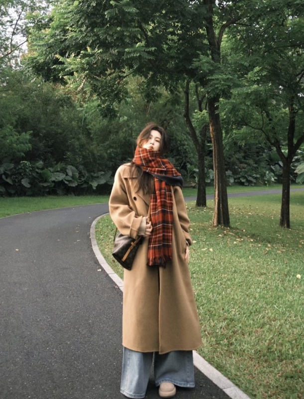 Khaki double-sided woolen coat 2024 winter lazy temperament silhouette lapel woolen coat for women