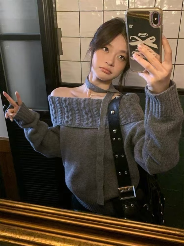 Loose one-shoulder sweater for women autumn and winter solid color high-end lazy style sweater jacket top