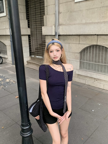 Designed off-shoulder slimming short-sleeved T-shirt feminine hot girl short niche slanted shoulder top