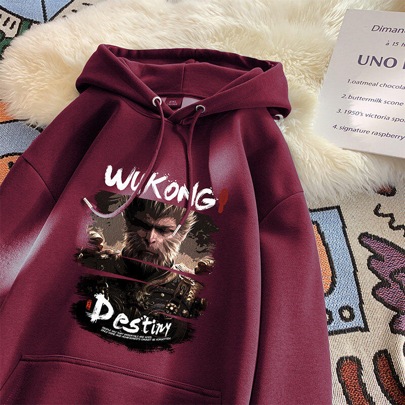 Autumn new black myth Wukong printed hooded imitation cotton sweatshirt