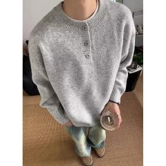 Round neck trendy gray henley collar sweater jacket men's sweater top pullover