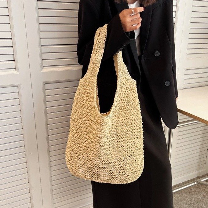 Straw bag women's 2024 new summer all-match casual shoulder bag forest handmade woven bag large capacity beach bag