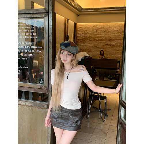 Designed off-shoulder slimming short-sleeved T-shirt feminine hot girl short niche slanted shoulder top