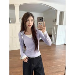 Korean simple and gentle style high-end taro purple white temperament long-sleeved T-shirt autumn and winter new tops for women