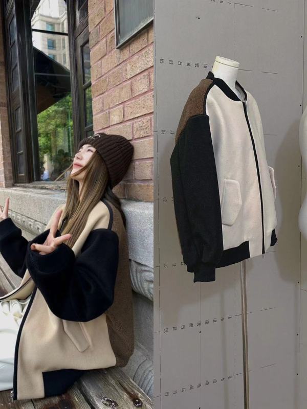 Xiaojunjun Britney Private Wear Series/Loose casual splicing baseball off-shoulder woolen jacket with built-in layering feel
