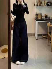 Retro dark blue wide-leg jeans for women in autumn and winter new style loose slimming versatile casual floor mopping pants trendy