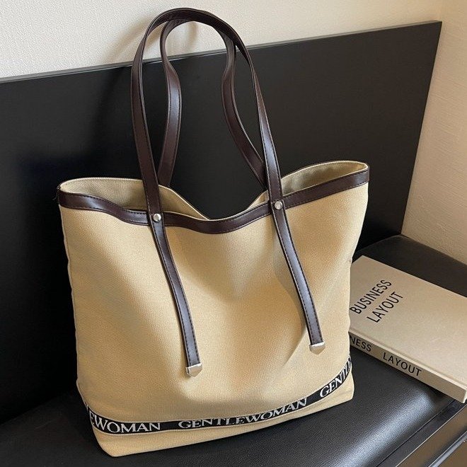 Gentle Woman Contrast Letter Print Large Capacity Tote Canvas Bag 2024 New Versatile Shoulder Bag