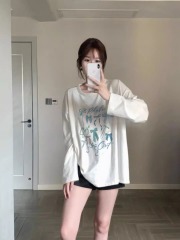 High quality pure cotton 200g 21 count combed precision printed autumn loose long sleeve T-shirt for women