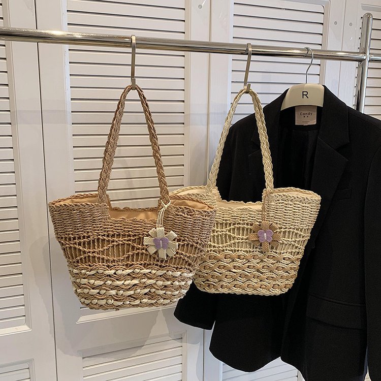 Versatile tote bag with lining, hollow wave ripple, summer beach bag for women, ins style woven straw shoulder bag
