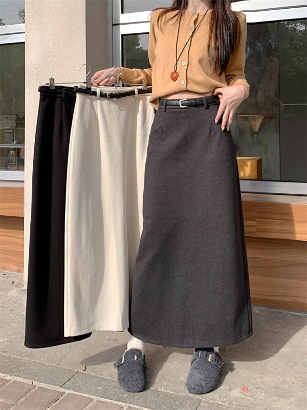 High-waisted straight slit hip-covering woolen skirt for women autumn and winter new casual retro mid-length skirt