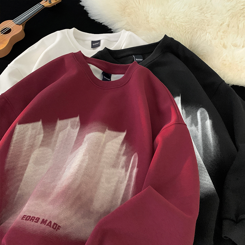American burgundy round neck sweatshirt for men and women loose autumn and winter couple ins jacket trendy