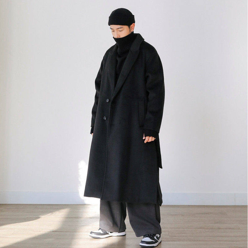 New winter woolen coat for men over the knee, cashmere-free Korean version, loose off-shoulder woolen mid-length windbreaker for men