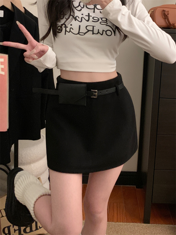 New autumn and winter woolen high-waisted A-line trouser skirt, high-end slimming skirt with bag