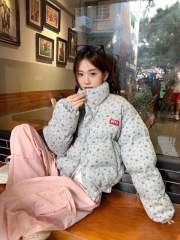 Designed floral stand-up collar cotton coat women's autumn and winter new loose slimming warm short bread coat cotton coat trend