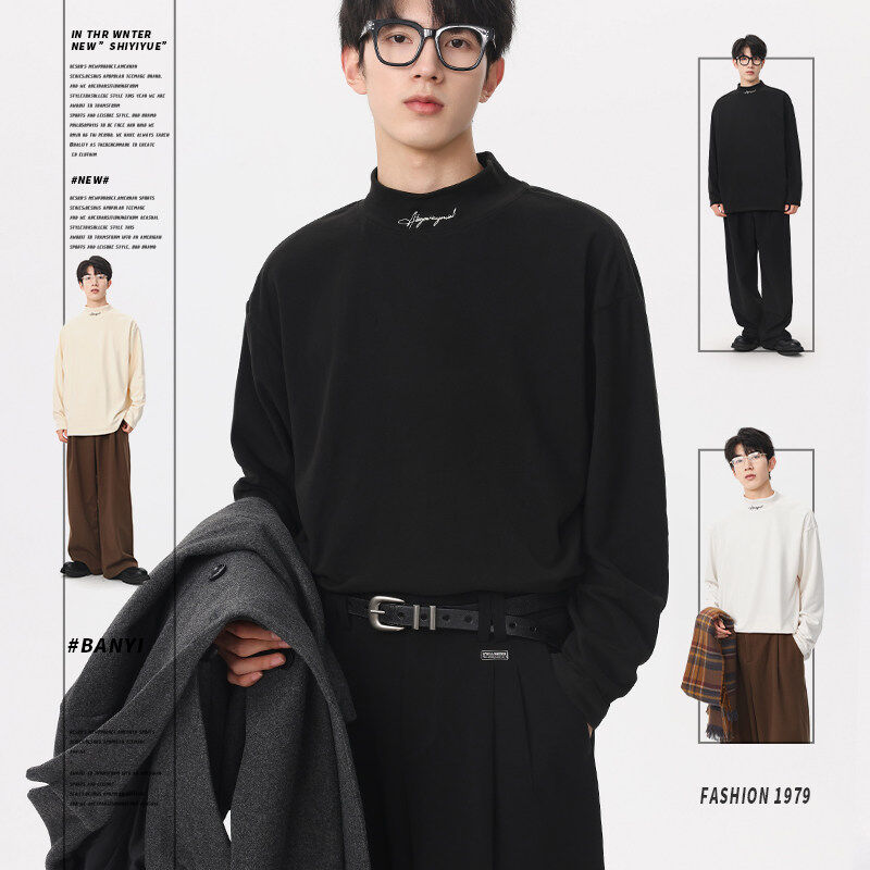 Embroidered velvet bottoming shirt, warm long-sleeved inner collar embroidered sweatshirt for men