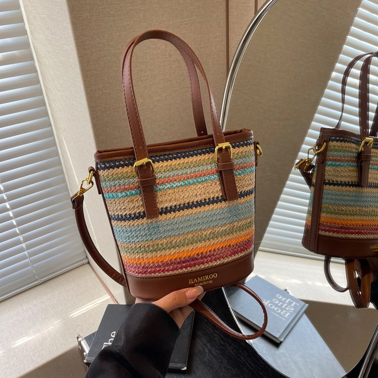 French niche portable contrasting color small bag for women 2024 new trendy temperament versatile bucket bag foreign style crossbody small bag