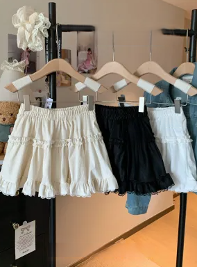 Sweet ballet style white cake puff skirt high waisted A-line lace splicing lace skirt
