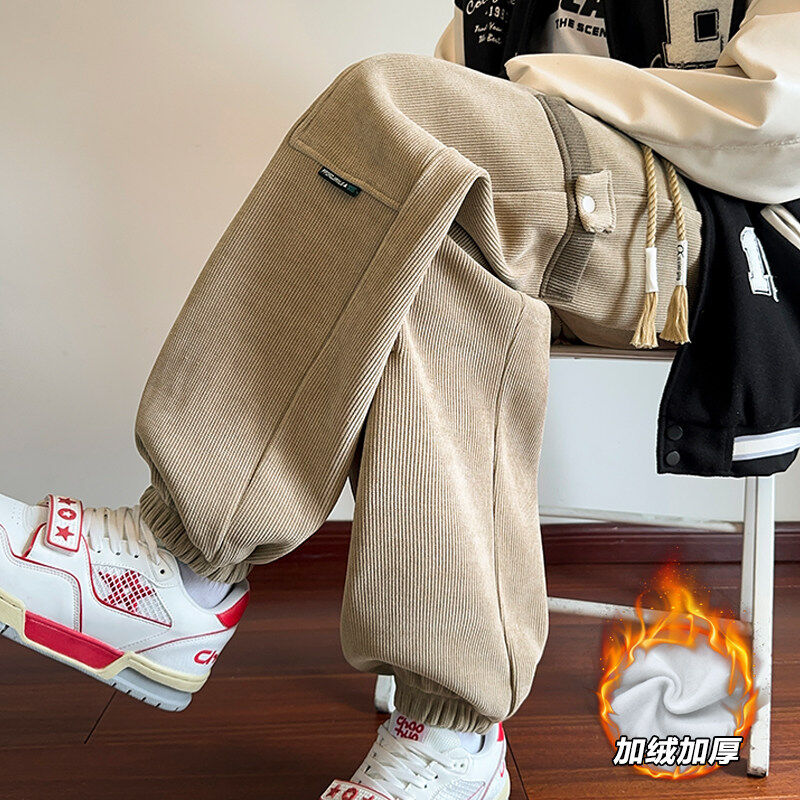 Winter corduroy patch snap wide leg pants for men men's warm leggings
