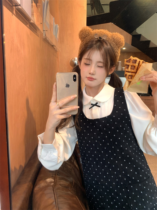 Pure desire sweet love sleeveless A-line vest dress bow doll collar shirt two-piece set