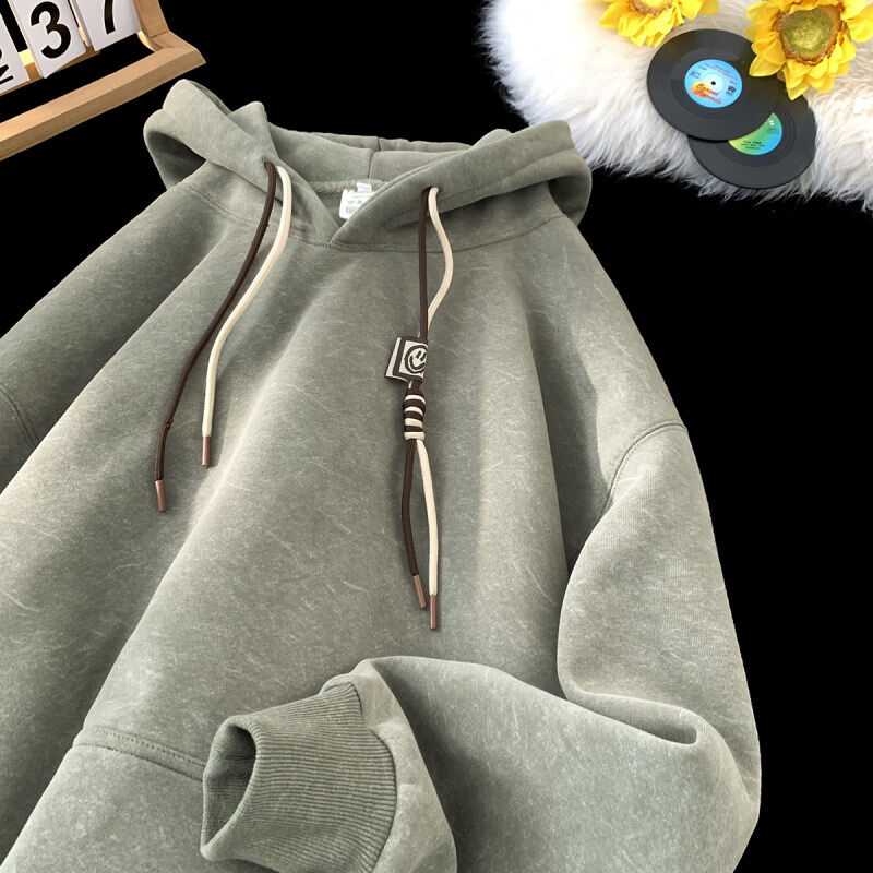 Large plus size autumn heavy high quality solid color sand washed distressed hooded sweatshirt