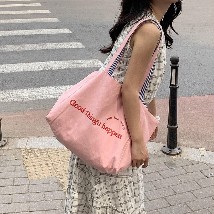 Large-capacity tote bag front and back double-sided striped shoulder bag textured embroidered college student canvas bag female commuter bag