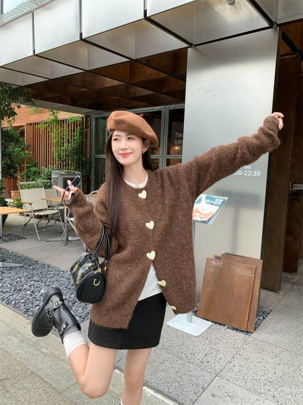 Brown love button sweater cardigan coat autumn women's lazy design top knitted sweater