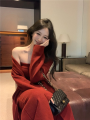 Strapless knitted dress, elegant sweater, cardigan jacket suit