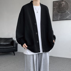 Solid color waffle cardigan sweatshirt jacket for men spring and autumn extra large size V-neck long-sleeved tops
