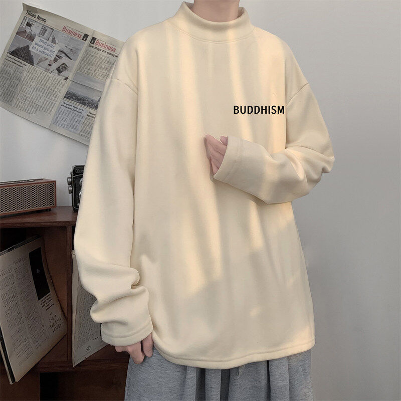 White semi-turtle collar German velvet bottoming shirt for men, autumn and winter warm inner layer, couple T-shirt, heavy sweatshirt