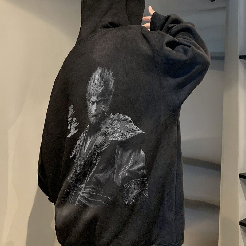 American retro loose hooded suede sweatshirt Wukong