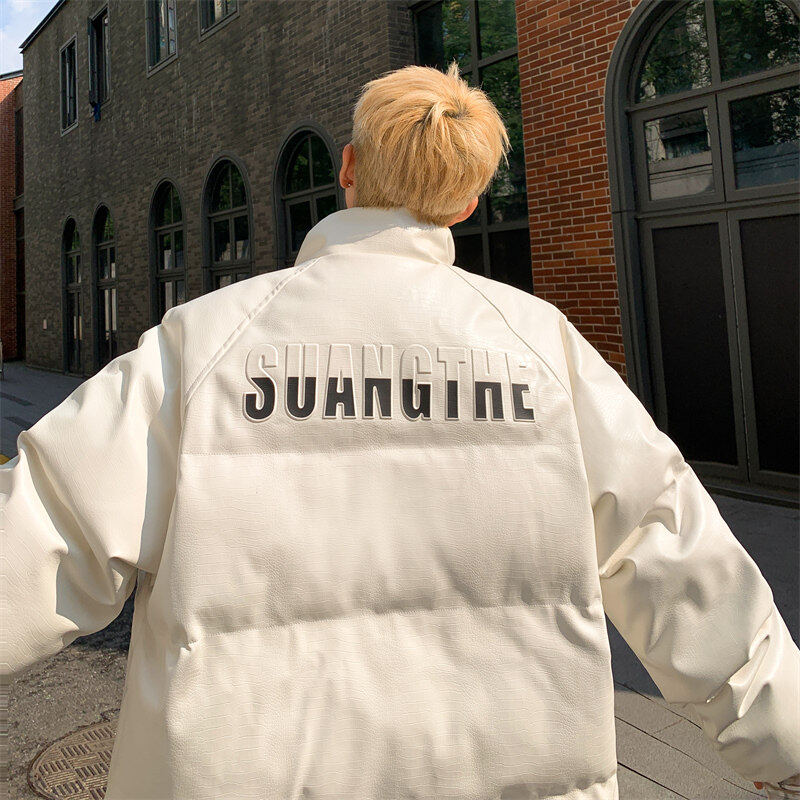 Steel printed pu leather cotton coat, down cotton couple's cotton coat