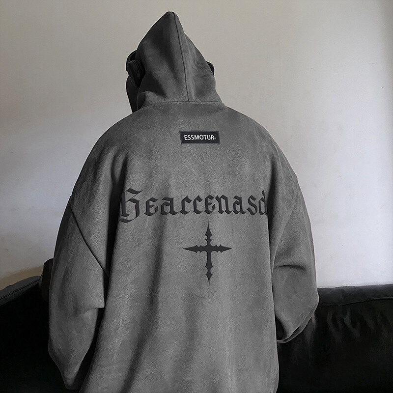 Autumn heavyweight loose Hong Kong style large plate suede hooded sweatshirt for men