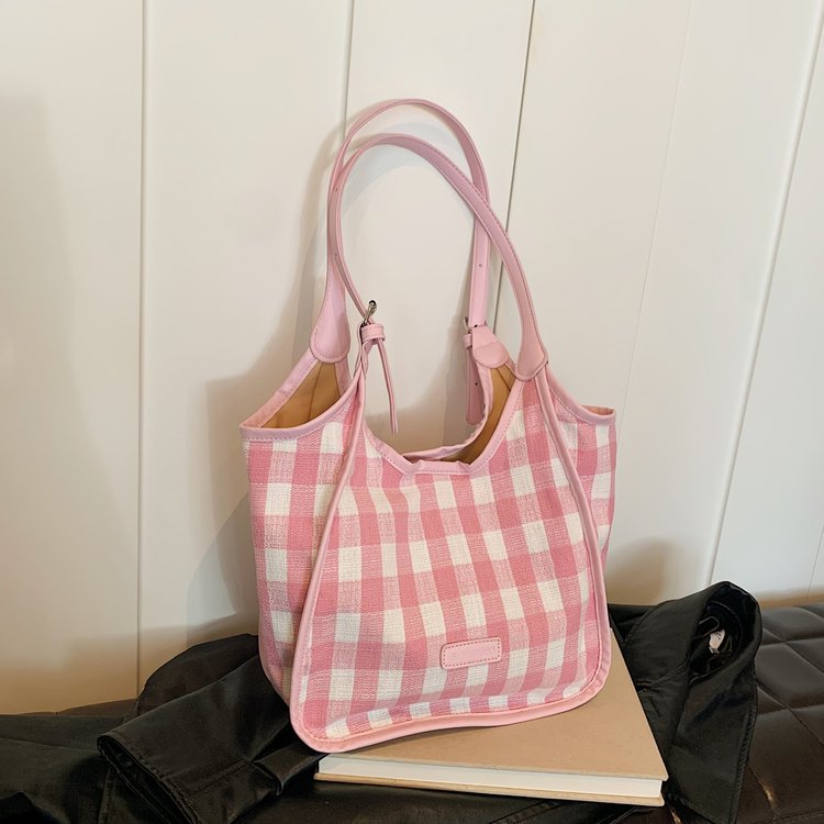 Small Fresh Contrast Color Plaid Tote Bag Women's 2024 Summer New Fashion Style Shoulder Bag Student Class Bag